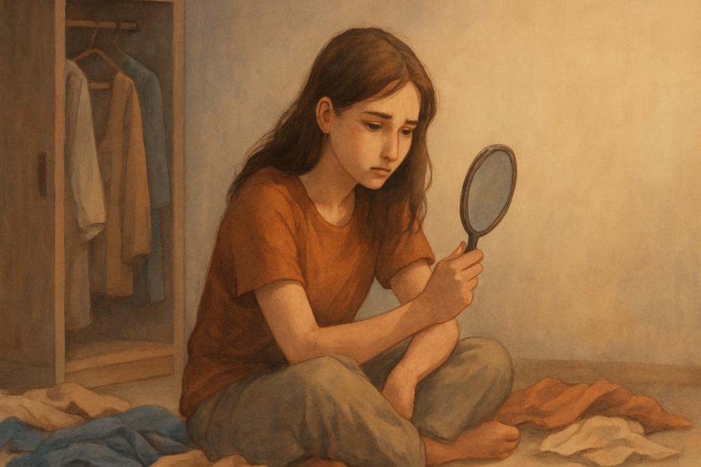 Girl looking into mirror and feeling ugly