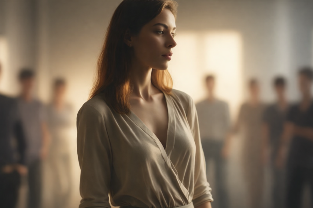 A calm woman standing in the foreground while people around her are blurred, reflecting self-respect and the ability to say no without guilt.